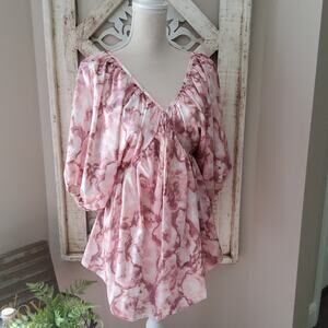 Lovely J Women's Dolman Puff Half Sleeve Satin Babydoll Top Blouse Pink Tie Dye